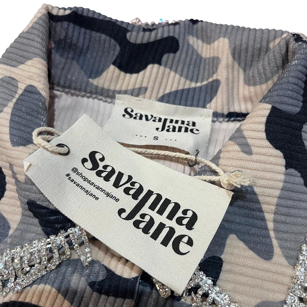 Savanna Jane  Camo Corduroy Shacket Jeweled Collar S NWT - Picture 4 of 5